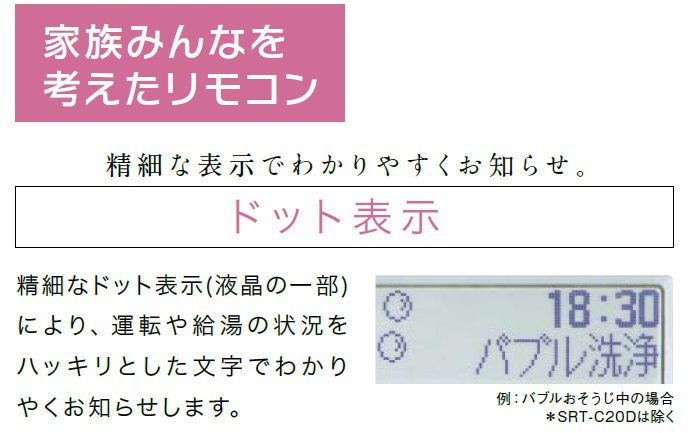 精細なドット表示により、運転や給湯の状況をハッキリとした文字でわかりやすくお知らせします