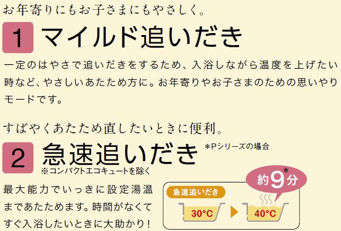 お年寄りにもお子さまにもやさしく マイルド追いだき 急速追いだき