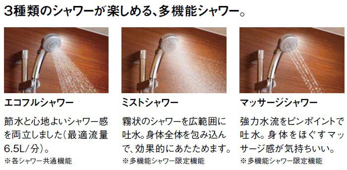 3種類のシャワーが楽しめる、多機能シャワー