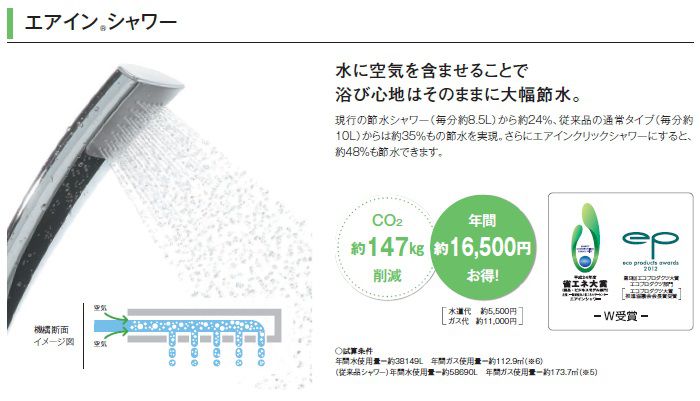 エアインシャワー 水に空気を含ませることで浴び心地はそのままに大幅節水