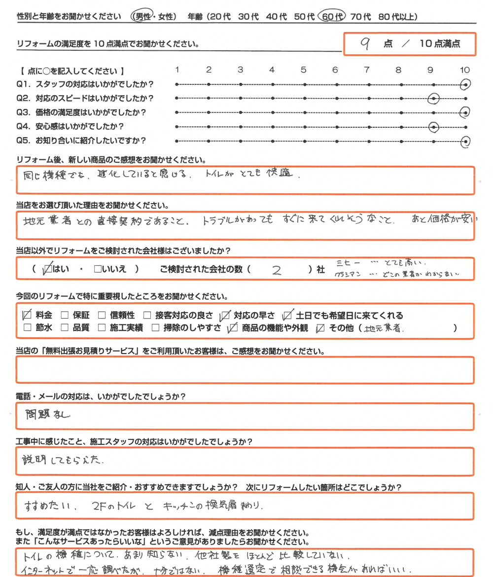 姫路市 M様　トイレ・台所水栓取替のお客様のご感想